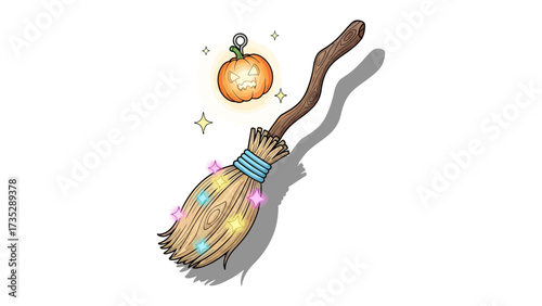 Enchanted Broom and Pumpkin: A whimsical illustration depicts a cartoon broom and a carved pumpkin, with magical stars, radiating a sense of festive allure and wonder.