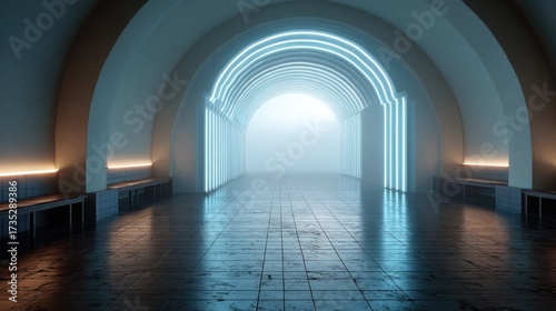 Illuminated Tunnel: An atmospheric interior shot reveals an arched corridor bathed in an ethereal glow, evoking a sense of mystery and inviting exploration.
