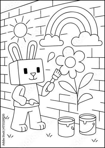 A blocky rabbit character painting a mural on a wall, designed as a fun black-and-white coloring page.