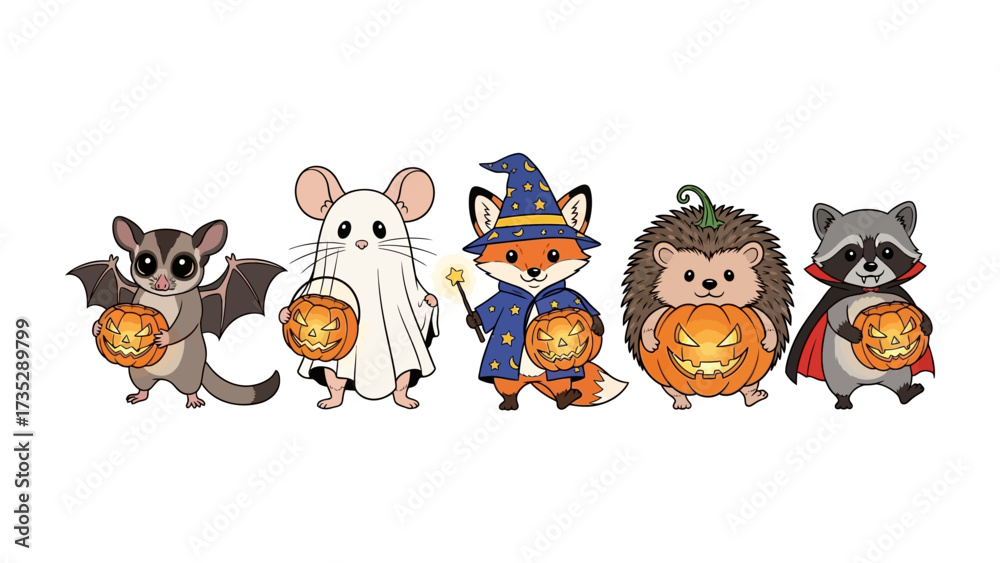 Obraz premium Halloween Animals Parade: Cute cartoon animals celebrate Halloween with a parade of charming characters dressed in festive costumes, holding carved pumpkins.