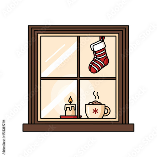 Cozy Christmas Window Scene with Candle, Stocking, and Hot Chocolate Illustration