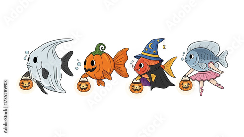 Halloween Fish Fantasy: A whimsical illustration showcasing a collection of charming fish, each uniquely adorned with Halloween-themed costumes. From a ghostly apparition to a playful pumpkin.