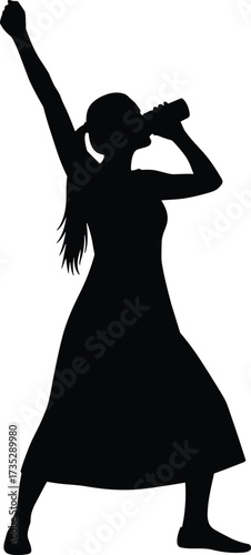 Empowered female silhouette in celebratory pose with raised fist and drink gesture, long dress, ponytail, black vector illustration