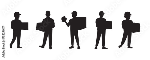 Delivery men silhouette set vector on white background.   person, box, carry, man, woman, package, delivery, courier, male, female, worker, symbol.