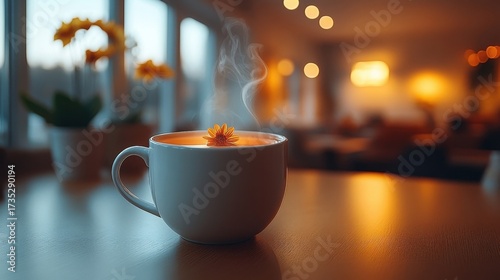 Steaming Cup Of Tea With Flower On Table In Warm Light