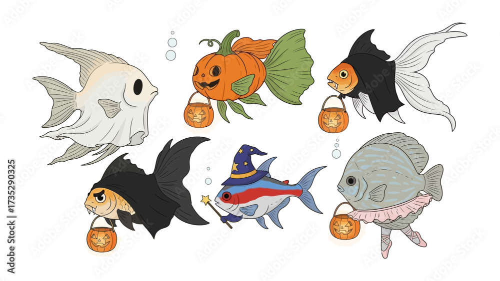 Fototapeta premium Spooky Fish and Pumpkins: Halloween-themed illustration featuring colorful, costumed fish holding pumpkin lanterns, ideal for festive graphic designs. 