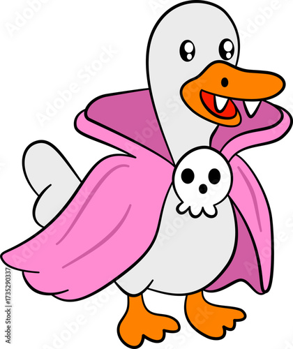 The pink goose vampire has sharp fangs.