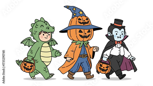 Halloween Parade: Three charming characters in elaborate costumes parade through a delightful Halloween scene, each holding a pumpkin bucket.
