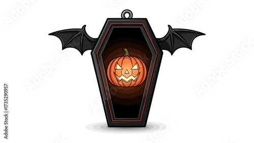 Halloween Coffin and Pumpkin: A haunting Halloween scene, an eerie pumpkin sits nestled in a coffin adorned with bat wings, evoking the spirit of the season. 
