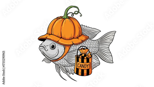 Happy Halloween: A whimsical illustration of a fish donned in a pumpkin hat and clutching a candy bag, set against a cheerful Halloween-themed composition.