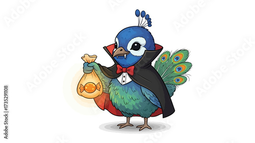 Peacock Vampire : A whimsical illustration of a peacock dressed as a vampire, holding a bag of treats. Perfectly suited for seasonal themes.