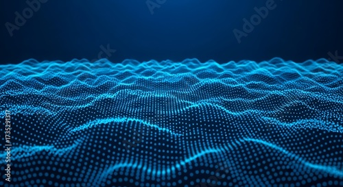 Abstract digital landscape of glowing blue particles in a wavy pattern
