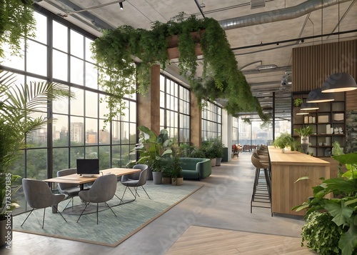 Modern industrial space with abundant natural light and lush greenery