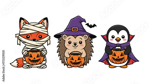 Halloween Friends: An adorable trio of Halloween-themed animals, a fox, hedgehog, and penguin, each costumed and carrying a carved pumpkin. A charming illustration that exudes fun and festive vibes