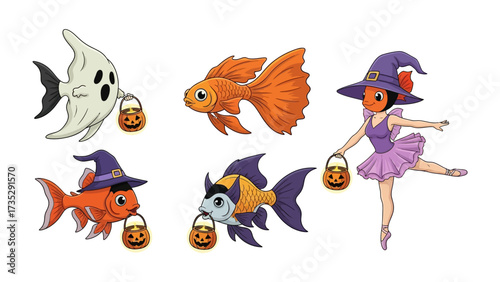 Halloween Fantasia: A whimsical Halloween scene unfolds with cartoonish creatures, each adorned with festive accessories, holding a jack-o'-lantern basket, the witch, ballet dancer, ghost.