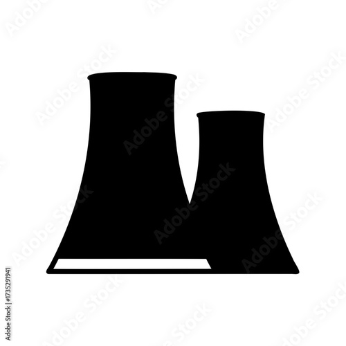 Silhouette of two nuclear power plant cooling towers against a white background