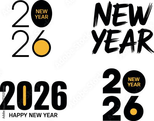 A collection of four different designs celebrating the upcoming year of twenty twenty six on a white background,  Illustrator Artwork