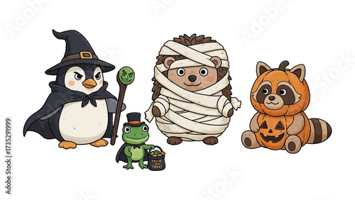 Halloween Critter Crew: A collection of adorable cartoon creatures dressed up in festive Halloween costumes, exuding cuteness.