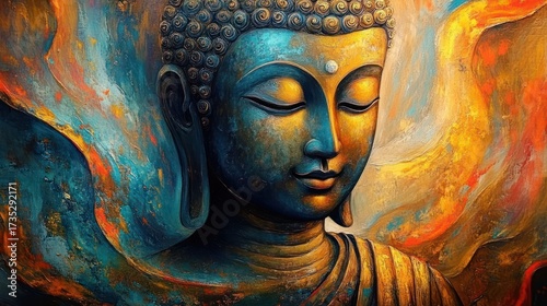 close-up of a serene meditating statue with closed eyes in vibrant blue and orange hues with textured background conveying peace and calm