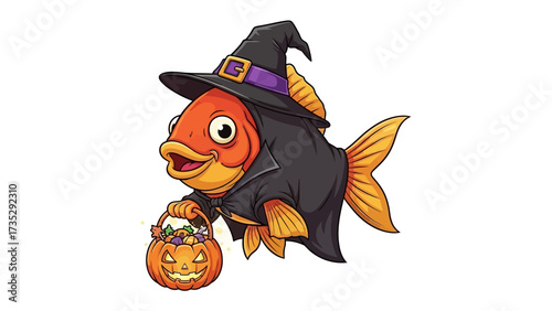Happy Halloween Fish in Costume: A whimsical illustration of an animated fish dressed in a Halloween witch costume, holding a pumpkin-shaped candy basket.