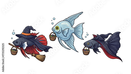Halloween Fantasy: Three vibrant fish, adorned in whimsical costumes, embark on a trick-or-treat adventure, their unique outfits adding a touch of playful fun to the spooky festivities.