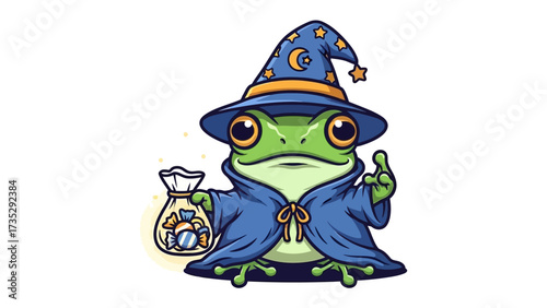 Mystical Frog Wizard: This whimsical illustration portrays a charming frog wizard, adorned with a starry hat and flowing robes, clutching a magical coin pouch.