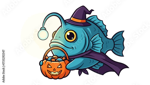 Spooky Sea Creature in a Costume: A playful illustration depicts a whimsical anglerfish dressed up in a witch costume, carrying a pumpkin-shaped candy basket for Halloween. 
