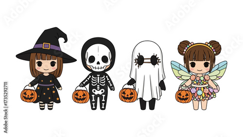 Halloween Parade: Adorable illustrations of children in charming Halloween costumes, each clutching a festive pumpkin bucket.