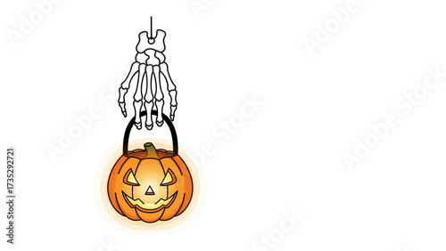 Halloween's Glow: An eerie Halloween pumpkin lantern illuminated by a scary skeleton hand, evoking mystery and chilling charm. 