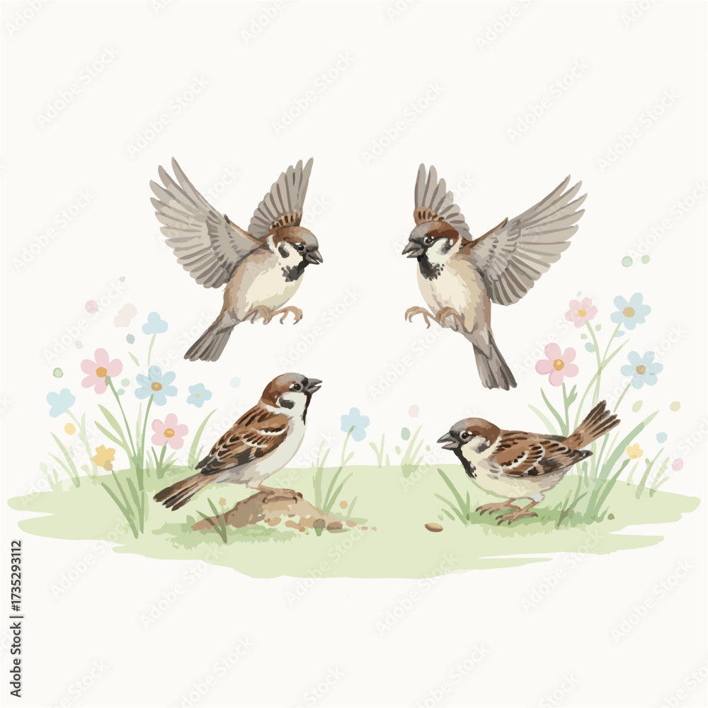 Fototapeta premium Watercolor Birds and Nature Illustrations with Flowers and Animals on White Background