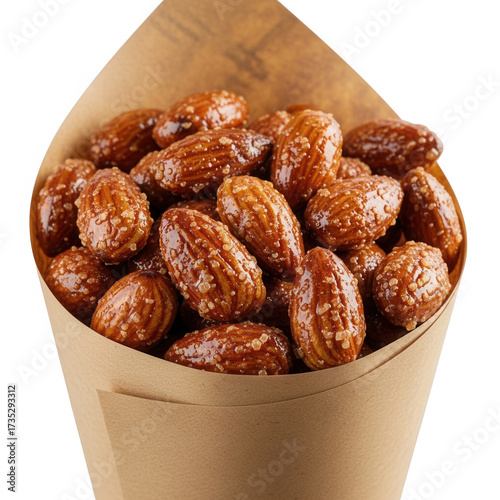 Candied nuts in paper cone isolated on a transparent background