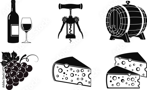 Wine and Cheese Silhouette Set – Corkscrew, Barrel, Grapes, Glasses – Vector Icons for Tasting, Culinary, Hospitality, Branding Themes