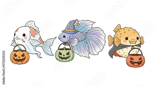 Halloween Fishy Friends: A delightful trio of cartoon fish, each adorned in whimsical Halloween costumes and carrying miniature pumpkin lanterns. An adorable fusion of marine life and festive charm