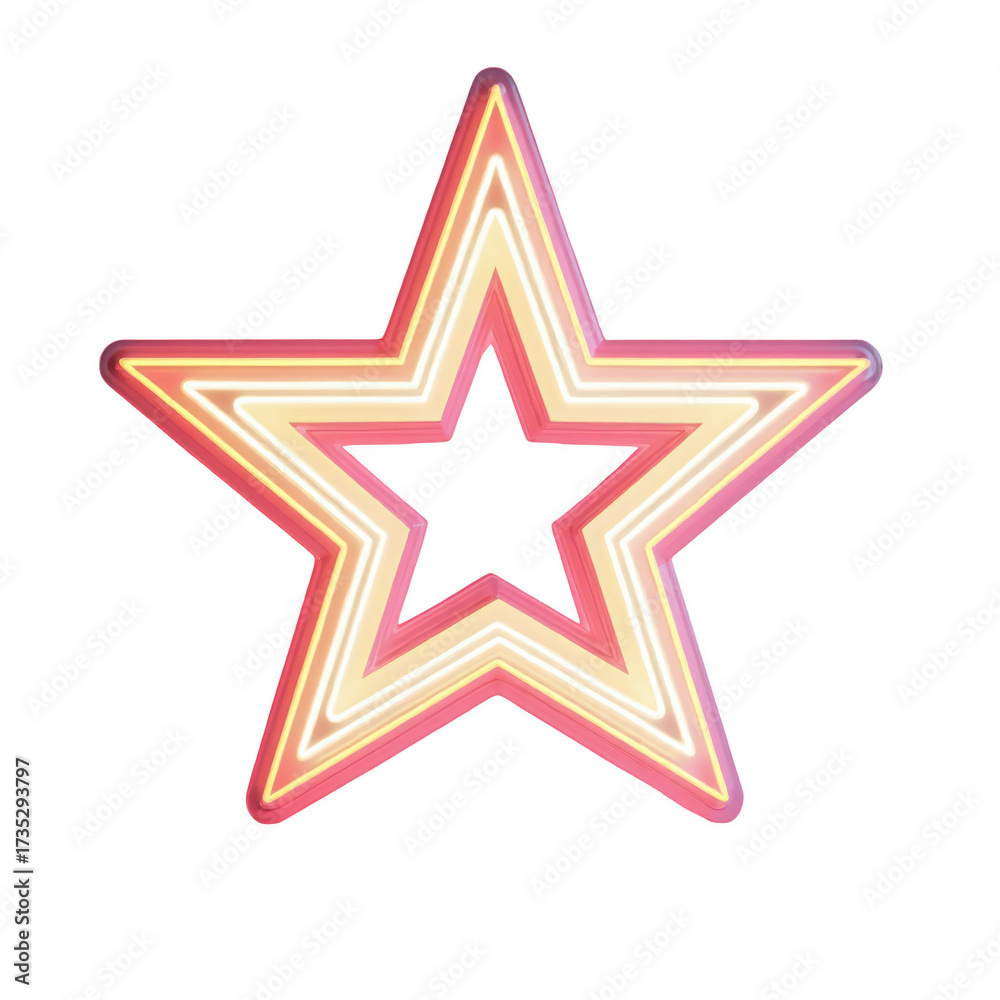 Obraz premium A glowing, five-pointed star with a cutout center is presented against a stark black background, showcasing a vibrant spectrum of pastel pinks, creams, and bright whites, creating a contrasting and...