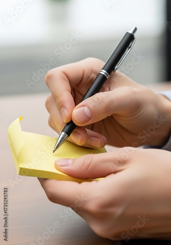 Hands making notes on a sticky yellow pad with a black ballpoint pen