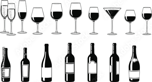 Wine Glasses and Bottles Silhouette Set – Vector Icons for Red, White, Sparkling Wine, Barware, Beverage, Branding, Hospitality Use