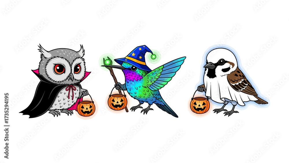 Naklejka premium Halloween Trio: A captivating trio of uniquely designed birds, each embodying the spirit of Halloween with charming costumes and glowing lantern, all against a clean background.