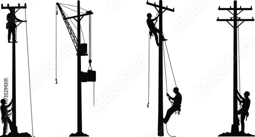Utility workers silhouettes on poles with crane, harness, rope, and safety gear performing electrical maintenance, construction, and inspection vector illustration