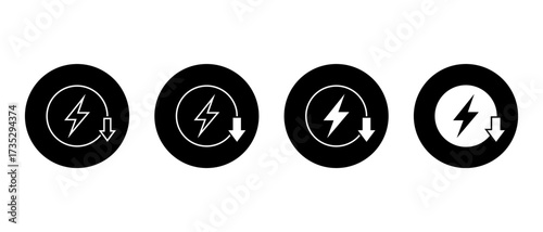 Save energy icon in black circle. Eco friendly, electricity efficiency, and low power consumption symbol. Lightning bolt with down arrow sign