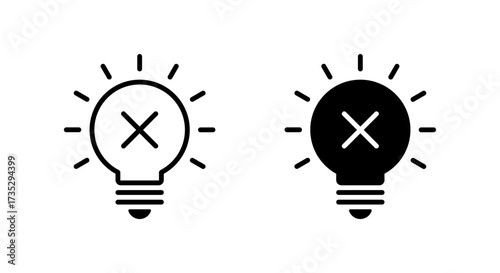 Light bulb with cross mark icon. Wrong idea and rejected solution symbol