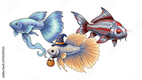 Whimsical Aquarium Trio: Delight in an imaginative illustration, showcasing a trio of fantastical fish with enchanting features, ideal for a Halloween-themed artistic display.