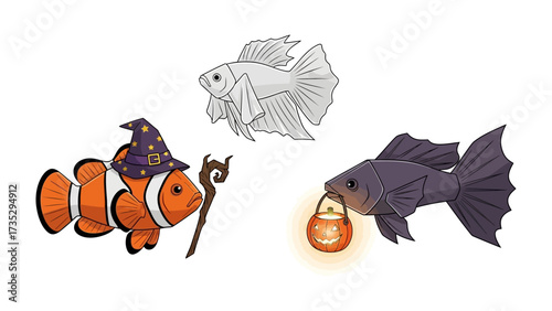 Whimsical Halloween Fish Trio: Three animated fish embodying spooky fun, including a clownfish wizard, a ghostly betta, and a fish with a candy bucket.