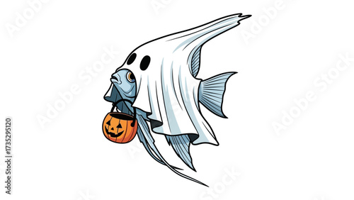 Ghostly Angelfish: A whimsical depiction of an angelfish dressed as a ghost, ready for Halloween with a pumpkin pail in hand, playful and spooky.