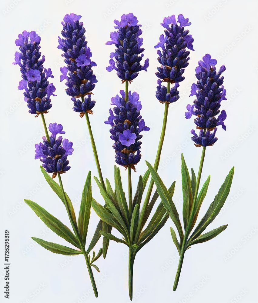 Obraz premium Close-up of six vibrant purple lavender flower spikes with green leaves on white background, conveying freshness and natural beauty