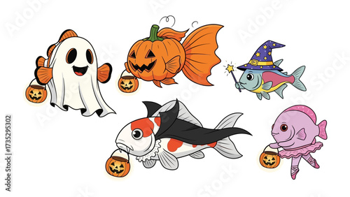 Halloween Fishy Fables: A vibrant illustration featuring charming fish adorned in creative Halloween costumes, creating a whimsical scene perfect for spooky celebrations. 