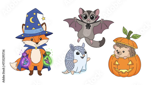 Enchanted Halloween Creatures' Gathering: An adorable gathering of Halloween creatures.  Each creature exudes a playful charm, inviting viewers into a world of fantasy and fun.