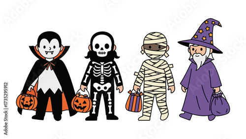 Halloween Delight: A cheerful illustration of four costumed figures ready for trick-or-treating, a friendly vampire, a spooky skeleton, a wrapped mummy, and a wise wizard.