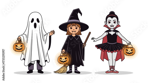 Halloween Trio: A cheerful ghost, witch, and vampire stand united, showcasing festive costumes and cheerful vibes with a cartoonish essence, radiating the joyous spirit of Halloween.