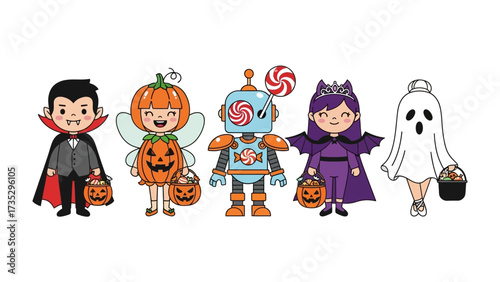 Spooky Squad: Captivating illustration of children in Halloween costumes. Featuring a little vampire, pumpkin fairy, robotic character, queen, and ghost.