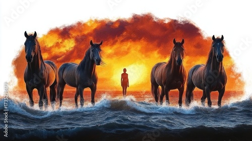 Silhouettes of four horses and a person standing in the ocean waves against a vibrant orange and yellow fiery sunset background